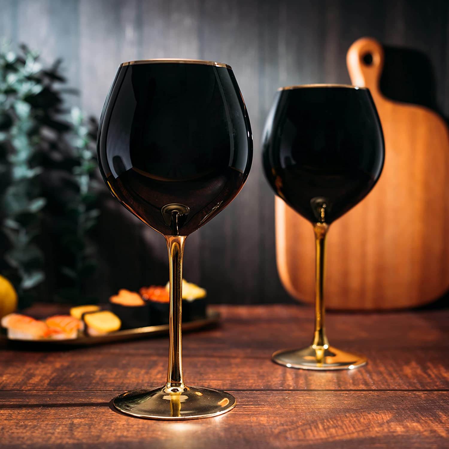 The Wine Savant Set of 4 Black Wine Glasses Gold Stemmed 14 oz Gold Rim Wine Glasses, Black Colored Wine Glasses Luxury Wine Glassware Wine Tasting, Wedding Gift, Anniversary, Birthday - Loft&Timber