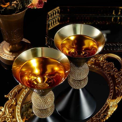 The Wine Savant Diamond Studded Martini Glasses Set of 2 Black & Gold Rimmed Modern Cocktail Glass, Rhinestone With Stemless Crystal Ball Base, Bar or Party 10.5oz, Swarovski Style Crystals - Loft&Timber