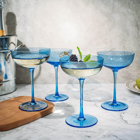 The Wine Savant Colored Coupe Glass | 7oz | Set of 4 Colorful Champagne & Cocktail Glasses, Fancy Manhattan, Crystal Martini, Cocktails Set, Margarita Bar Glassware Gift, Vintage (Blue) - Loft&Timber