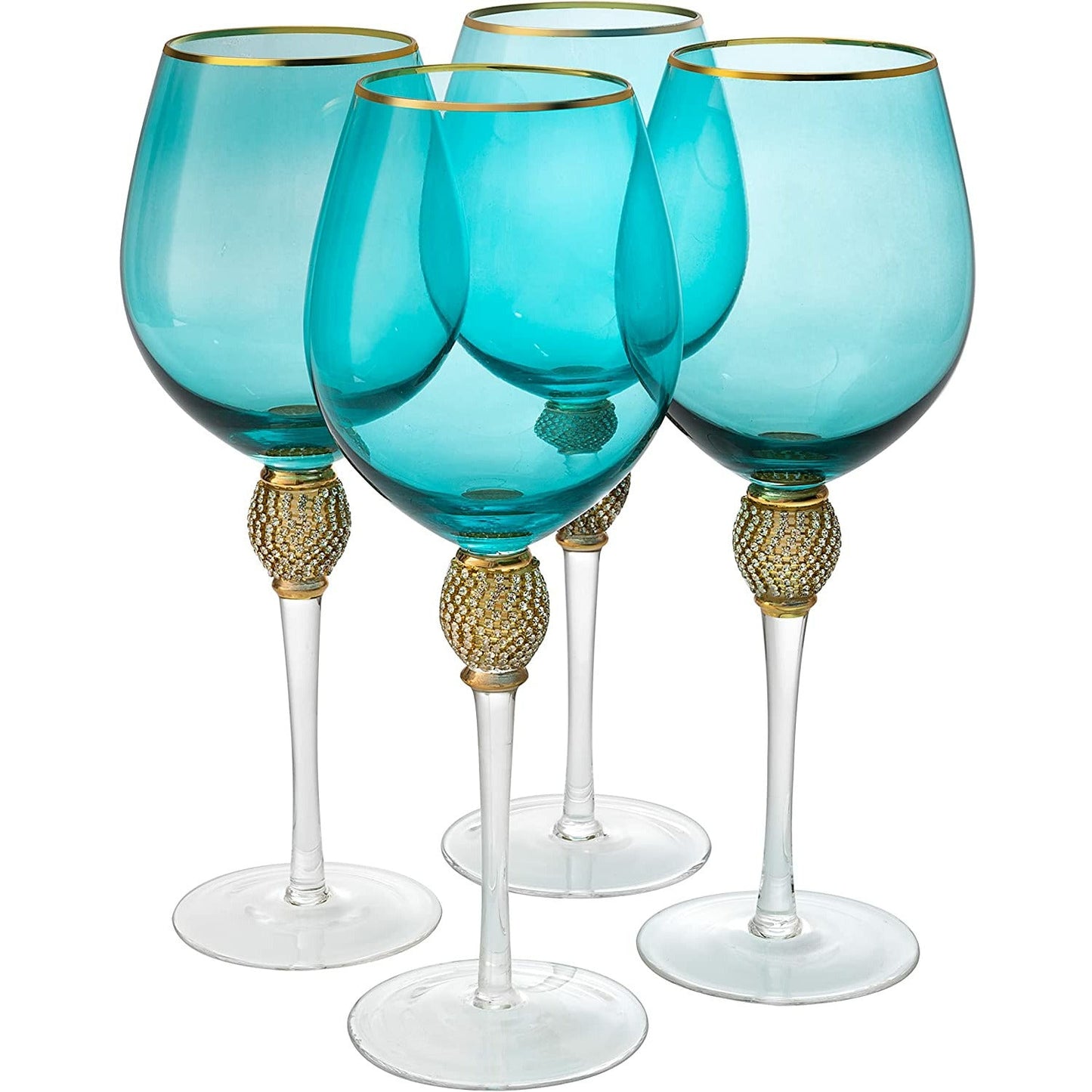 The Wine Savant Large Diamond Wine Glasses, 10" H Gold Rim Rhinestone Diamond Glasses - Wedding Glasses - 18 Ounce, Premium Designed Wine Glasses for Spirits and Wine, Gift Boxed (4, Blue) - Loft&Timber