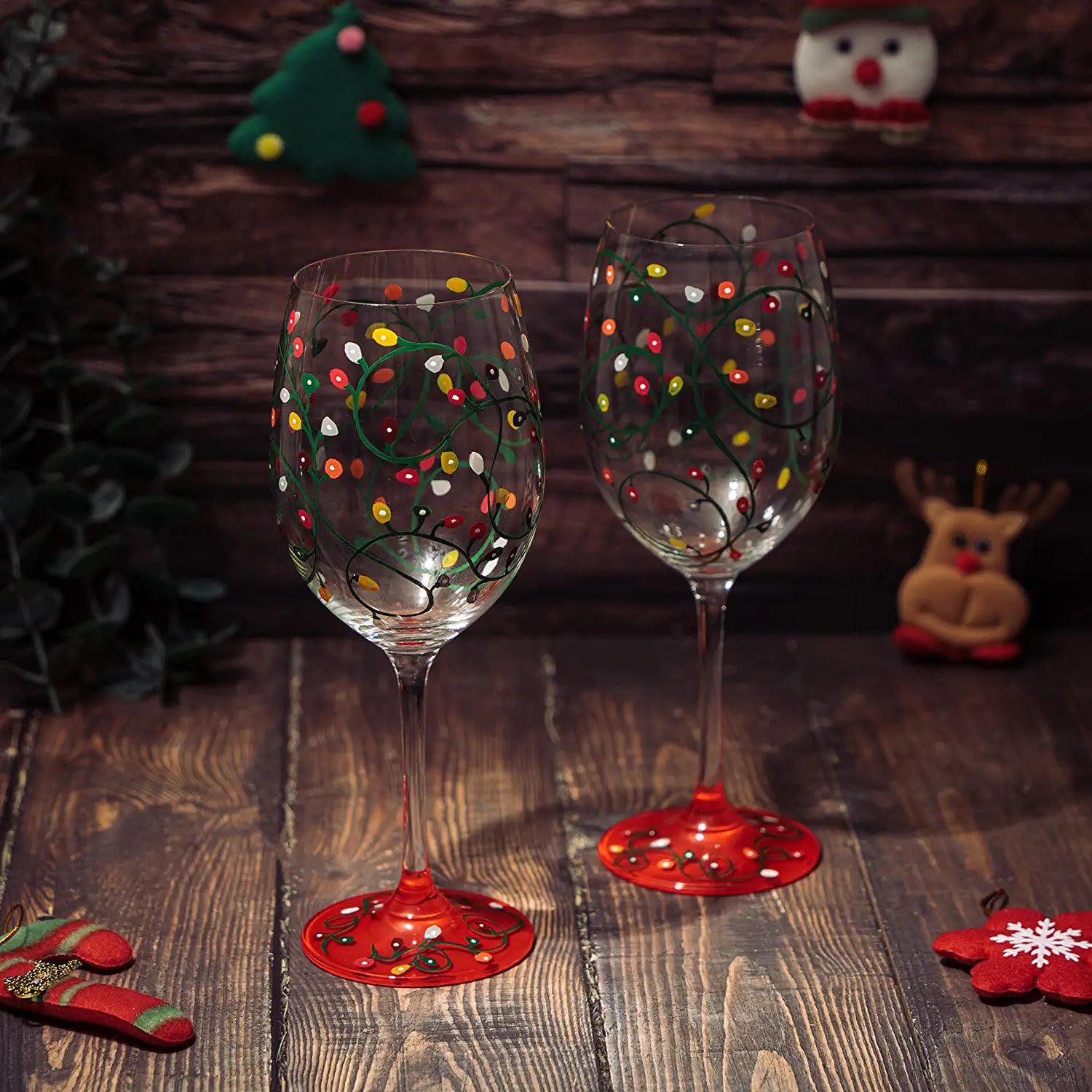 Stemmed Christmas Lights Wine Glasses Set of 2 - Hand Painted Wine Glass Ornament Light Bulbs Glasses, Perfect for Wine, Champagne, Holiday Parties and Festivities - 9.5" High, 21 oz Capacity - Loft&Timber