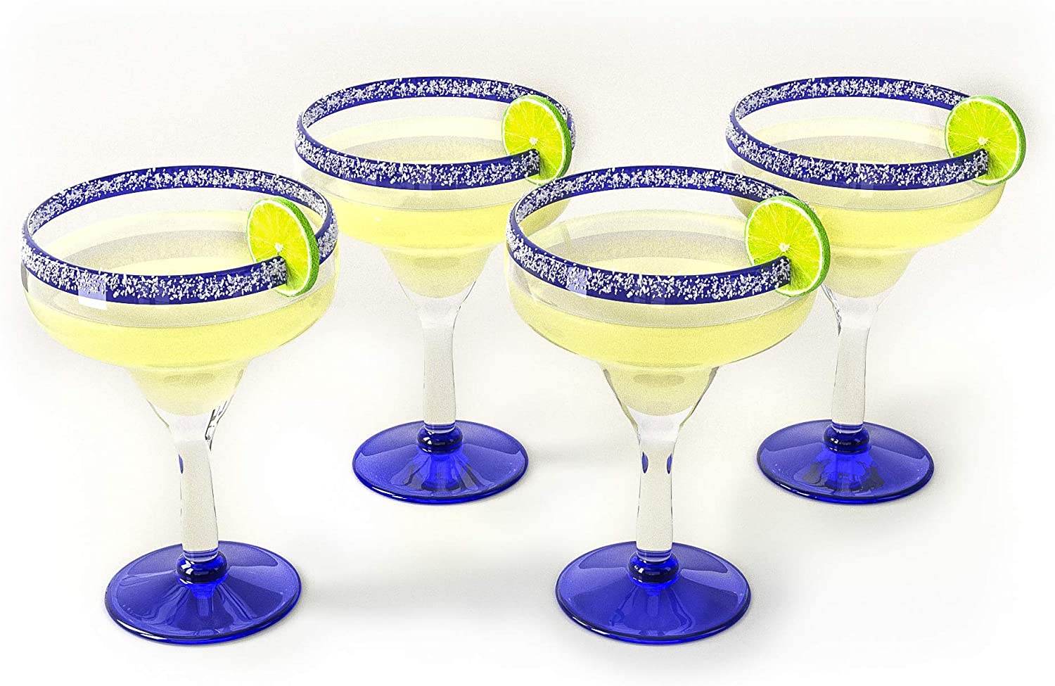 Mexican Hand Blown Glass – Set of 4 Large 16oz, Cobalt Blue Rim Line, Luxury Margarita & Cocktail Glasses, Mexico Design Large 16oz Cobalt Cinco de Mayo - The Wine Savant, Dishwasher Safe Glassware - Loft&Timber