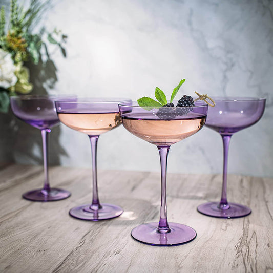 The Wine Savant Colored Coupe Glass | 7oz | Set of 4 Colorful Champagne & Cocktail Glasses, Fancy Manhattan, Crystal Martini, Cocktails Set, Margarita Bar Glassware Gift, Vintage (Lavender Purple) - Loft&Timber