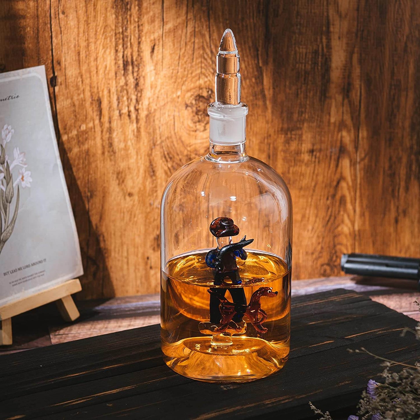 Wine & Whiskey Decanter, Hunting Gifts, Hunter with Dog - 750ml Decanter Bourbon Scotch Unique Gift for Him - Gamebirds Game - Hunter's Cowboy Decanter, Western Style Decanter, Gift Glassware - Loft&Timber