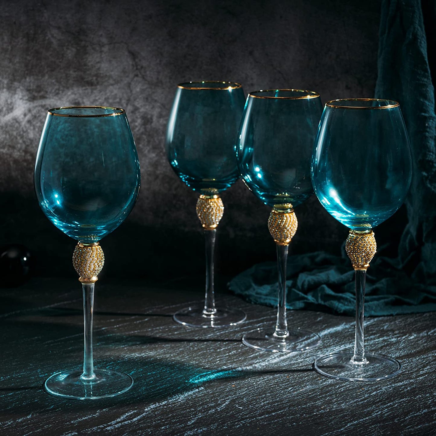 The Wine Savant Large Diamond Wine Glasses, 10" H Gold Rim Rhinestone Diamond Glasses - Wedding Glasses - 18 Ounce, Premium Designed Wine Glasses for Spirits and Wine, Gift Boxed (4, Blue) - Loft&Timber