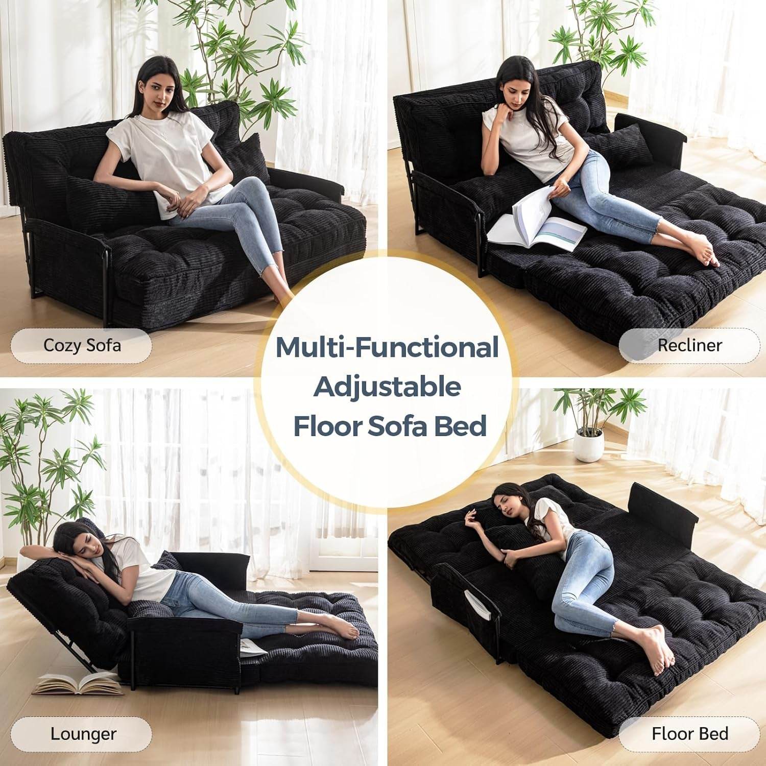 Adjustable Floor Sofa Couch with 2 Pillows, Multi-Functional Bean Bag Bed, 5-Position Foldable Lazy Sofa Sleeper Bed with Armrest, Versatile Floor Seating Sofa for Reading, Black, Double - Loft&Timber