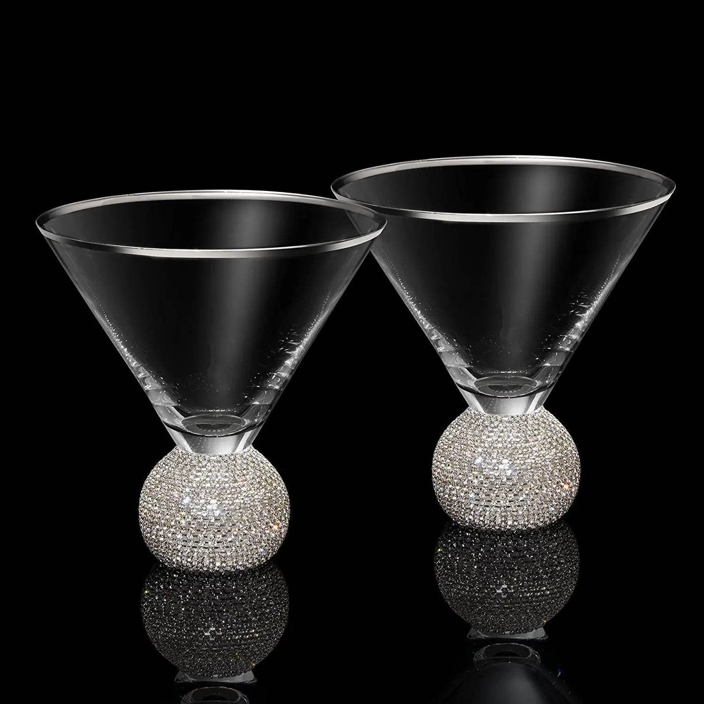 Diamond Studded Martini Glasses Set of 2 - The Wine Savant - Silver Rimmed Modern Cocktail Glass, Rhinestone Diamonds With Stemless Crystal Ball Base, Bar or Party 10.5oz, Swarovski Style Crystals - Loft&Timber