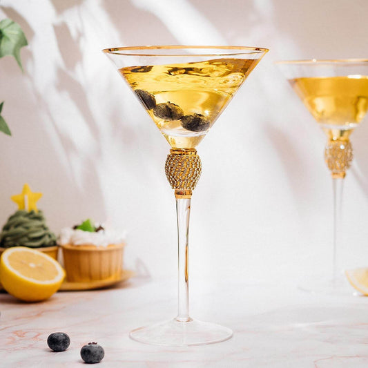 Diamond Collection 2 Piece Stemmed Martini Set - Rhinestone For Drinking Martinis, Manhattans, Vodka, Gin, Cocktails Gold Accent Cocktail Glasses, Perfect For Any Bar or Party 10oz - Swarovski Style - Loft&Timber