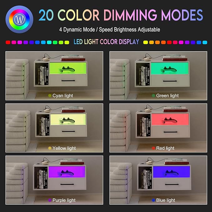 Floating Nightstand With Charging Station And Led Light Strips, 21.3"" Night Stand With Drawers, Floating Bedside With Usb