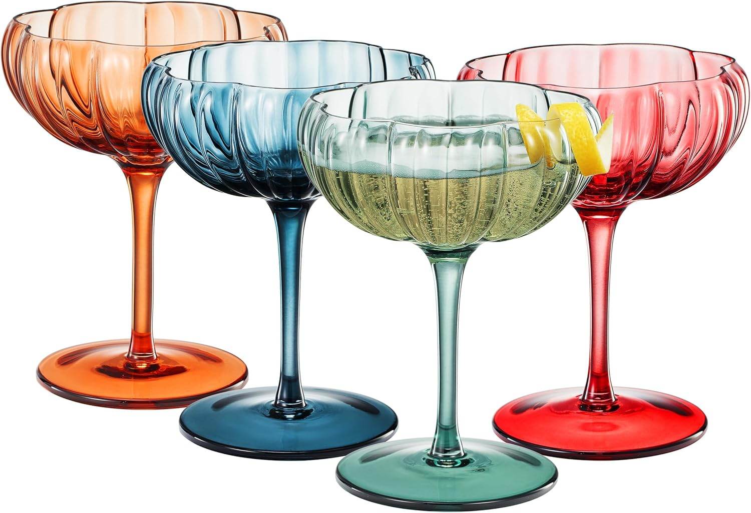 Khen Flower Modern Wavy Glass Coupes Martini, Champagne & Cocktail Coupes - Set of 4-7.7 oz Colorful Cocktail Glasses & Champagne, Prosecco, Mimosa Glassware Copyright Design - Muted Pastel Colors - Loft&Timber