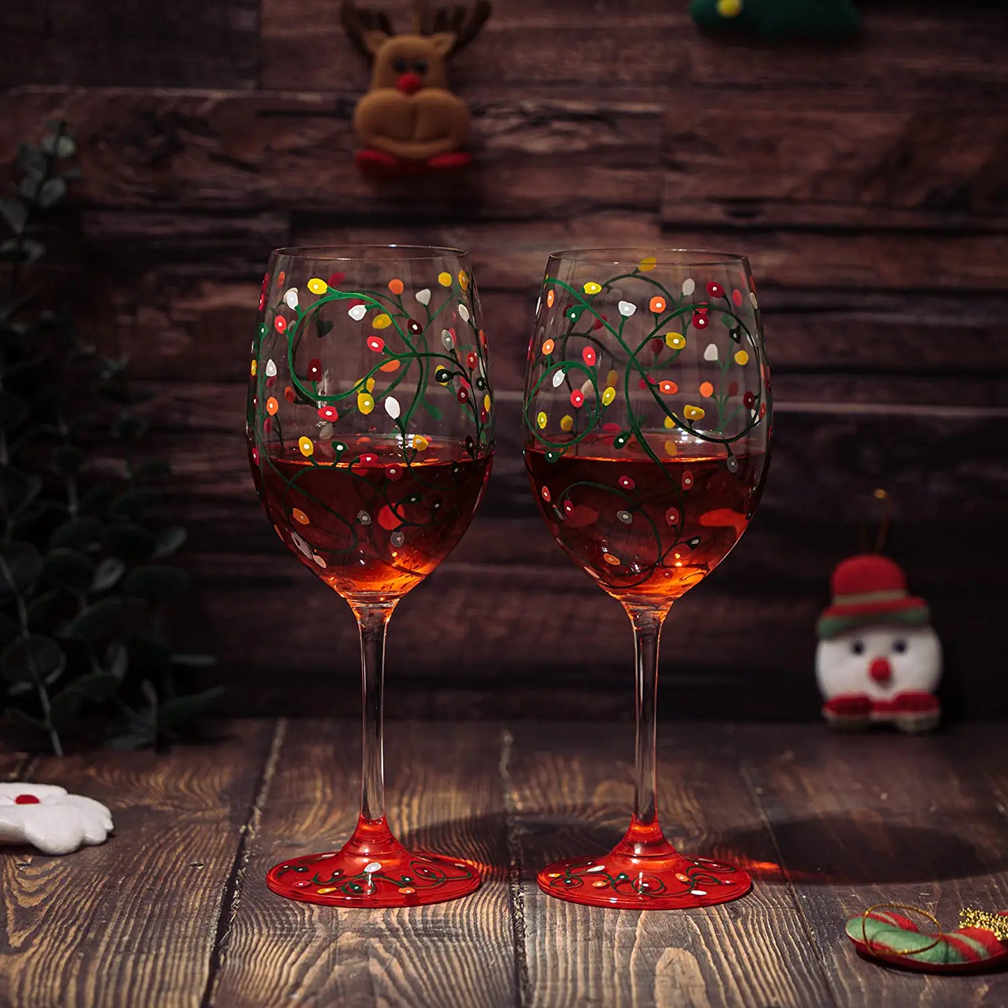 Stemmed Christmas Lights Wine Glasses Set of 2 - Hand Painted Wine Glass Ornament Light Bulbs Glasses, Perfect for Wine, Champagne, Holiday Parties and Festivities - 9.5" High, 21 oz Capacity - Loft&Timber