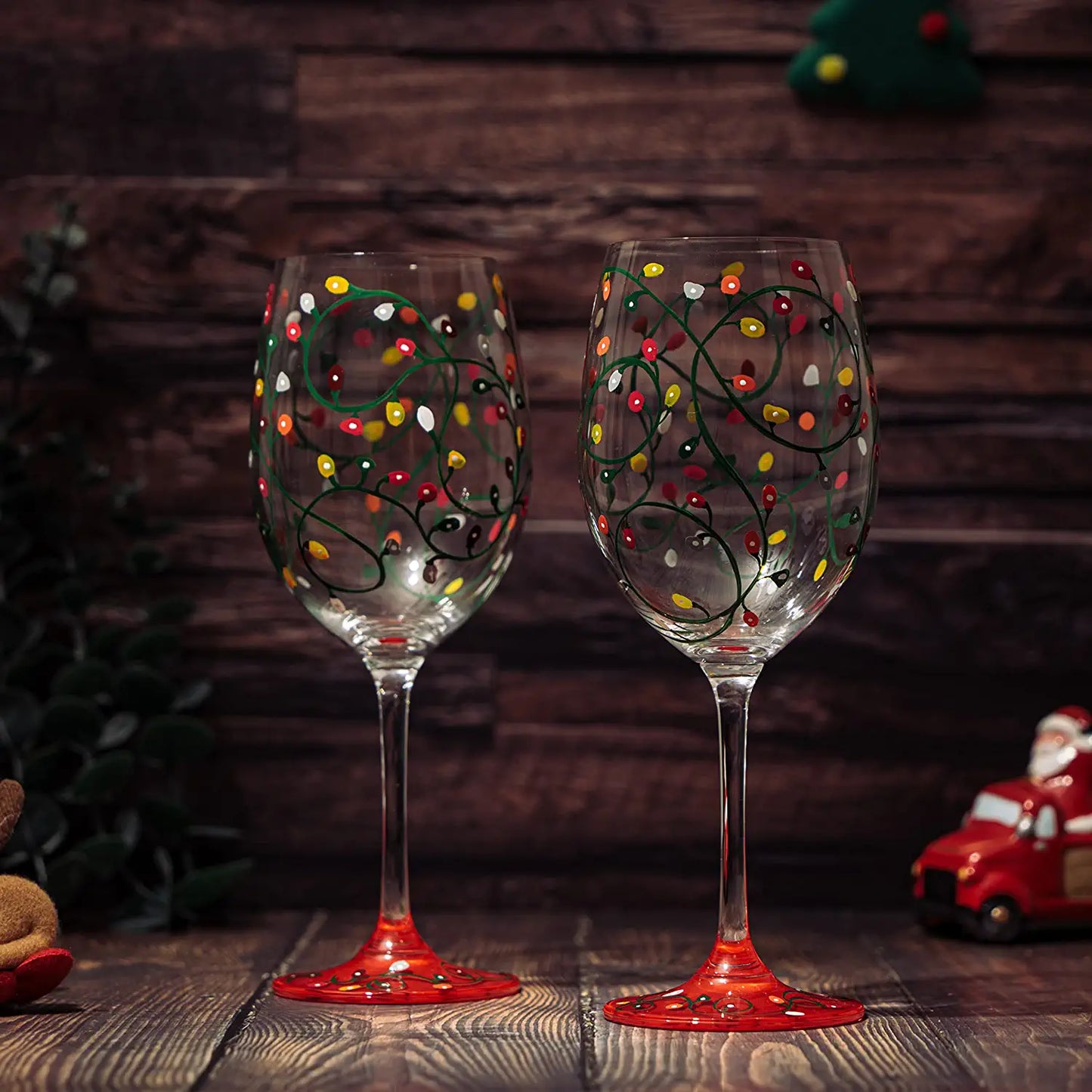 Stemmed Christmas Lights Wine Glasses Set of 2 - Hand Painted Wine Glass Ornament Light Bulbs Glasses, Perfect for Wine, Champagne, Holiday Parties and Festivities - 9.5" High, 21 oz Capacity - Loft&Timber