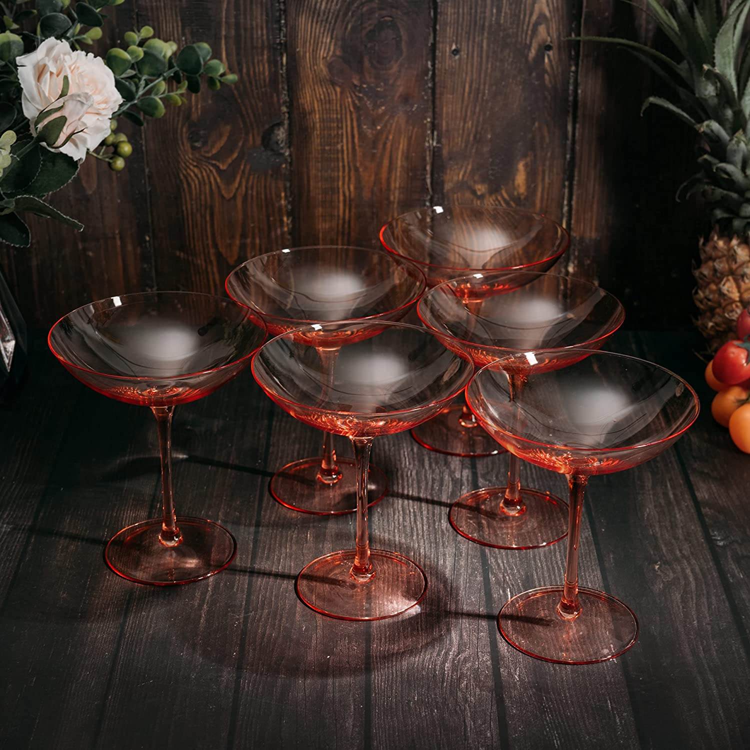 The Wine Savant Colored Vintage Glass Coupes 12oz Colorful Cocktail, Martini & Champagne Glasses, Prosecco, Mimosa Glasses Set, Cocktail Glass Set, Bar Glassware Luster Glasses (6, Orange) - Loft&Timber