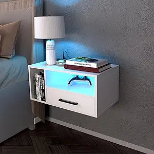 Floating Nightstand With Charging Station And Led Light Strips, 21.3"" Night Stand With Drawers, Floating Bedside With Usb