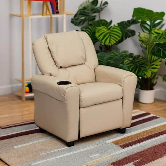 Vana Vinyl Kids Recliner with Cup Holder, Headrest, and Supports up to 90 Lbs., Beige - Loft&Timber