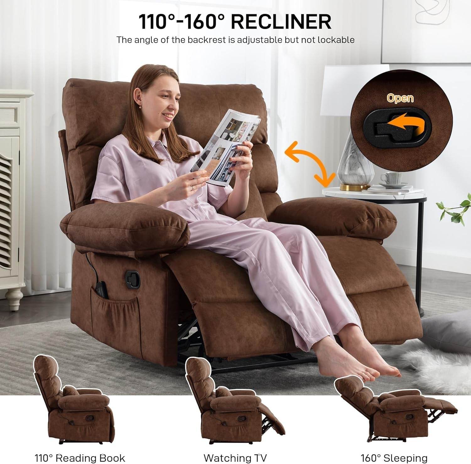 Oversized Recliner Chair, plus Size 28 Inch Large Wide Seat 350 Lb Capacity - Loft&Timber