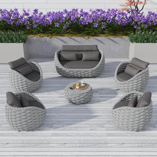 Aluminum Outdoor Patio Furniture Set with Coffee Table, 6 Piece Patio Conversation Sets with Washable Cushions Covers, Patio Sectional Furniture Set for Porch, Balcony, Deck, Yard - Loft&Timber