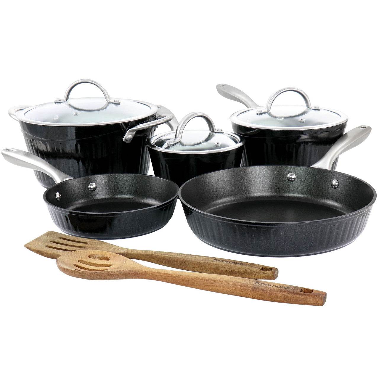 Kenmore Logan 10 Piece Aluminum Nonstick Cookware Set in Black with Wood Utensils - Loft&Timber