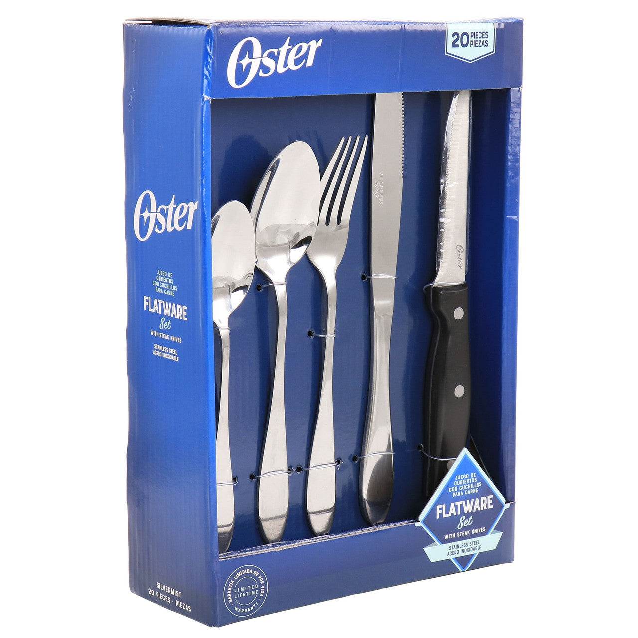 Oster Silvermist 20 Piece Stainless Steel Flatware Set with Steak Knives - Loft&Timber