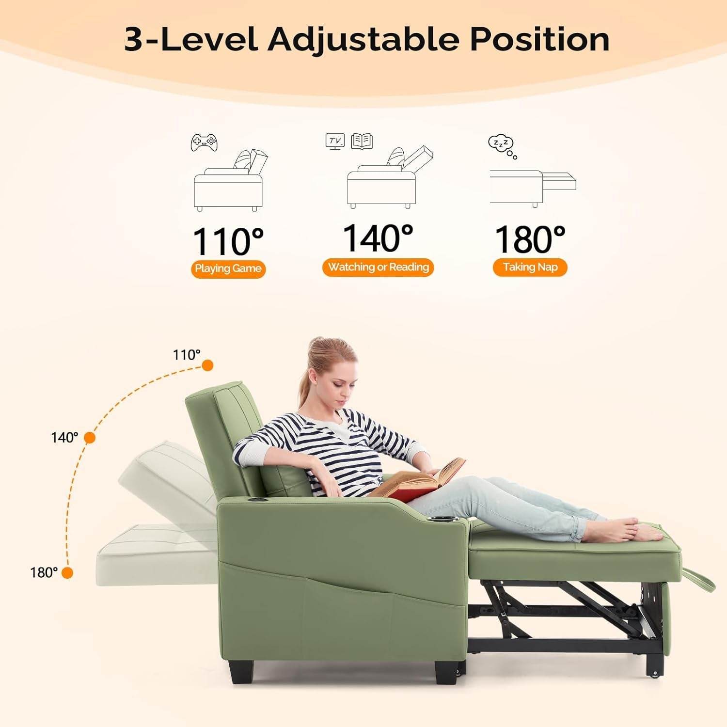 Sofa Bed Chair Recliner, 3-In-1 Convertible Sleeper Sofa Chair Bed Green Daybed Pull Out Couch Bed with Adjustable Backrest, USB Ports, Cup Holders for Small Spaces Living Room - Loft&Timber