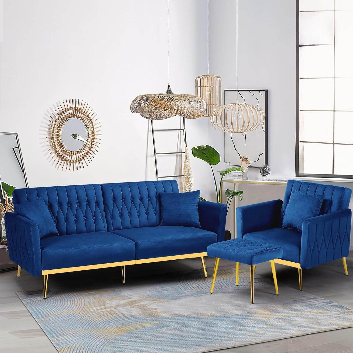 2 Pieces Velvet Futon Sofa Set with Adjustable Backrests and Armrests, 70” Convertible Sofa Bed & Tufted Accent Chair with Ottoman for Living Room, Blue - Loft&Timber