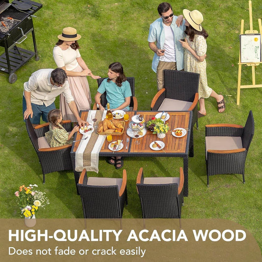 Dining 7 PCS Furniture, Patio Conversation Set with Acacia Wood Table Top, Rattan Outdoor, Black - Loft&Timber