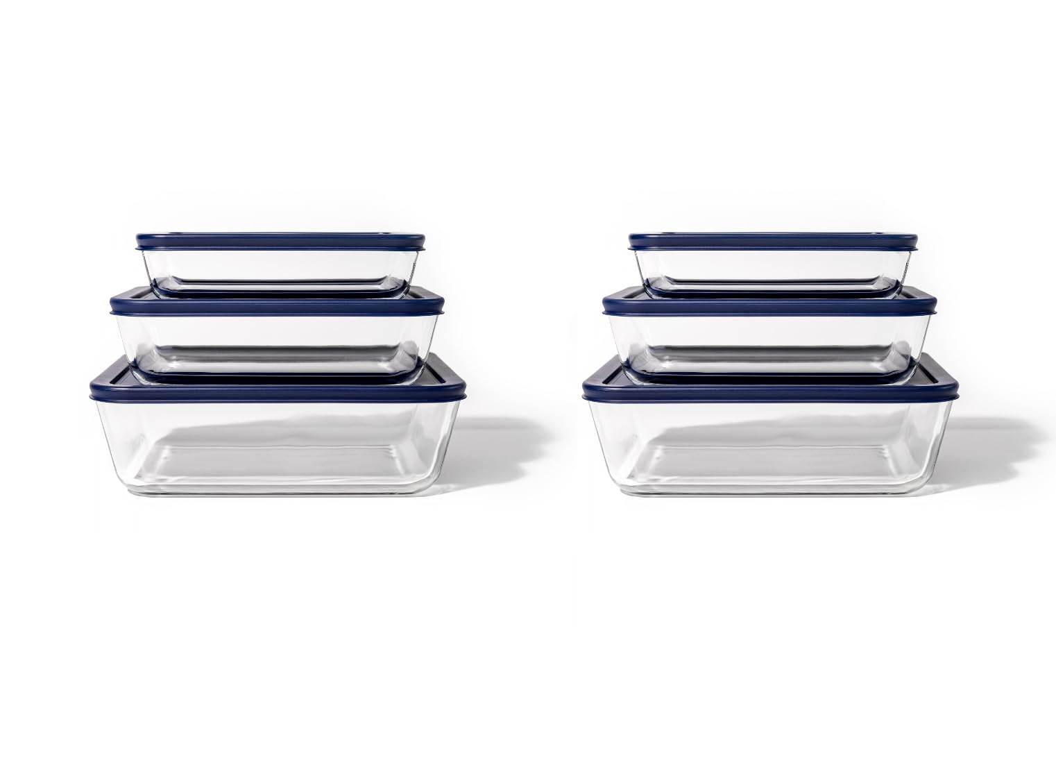 Glass Food Storage Containers - 12 Piece (6 Containers + 6 Lids) Rectangular Nesting Space-Saving Set - Loft&Timber