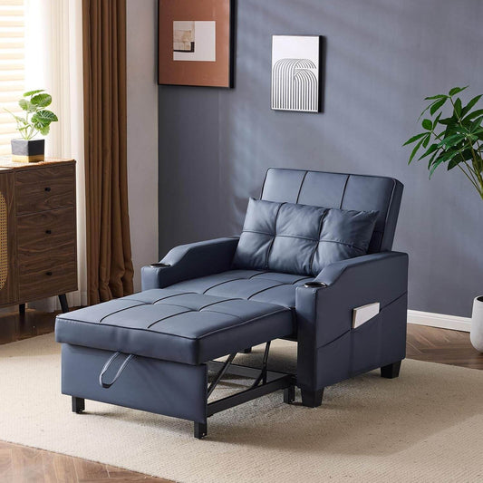 Sofa Bed Chair Recliner, 3-In-1 Convertible Sleeper Sofa Chair Bed Blue Daybed Pull Out Couch Bed with Adjustable Backrest, USB Ports, Cup Holders for Small Spaces Living Room - Loft&Timber