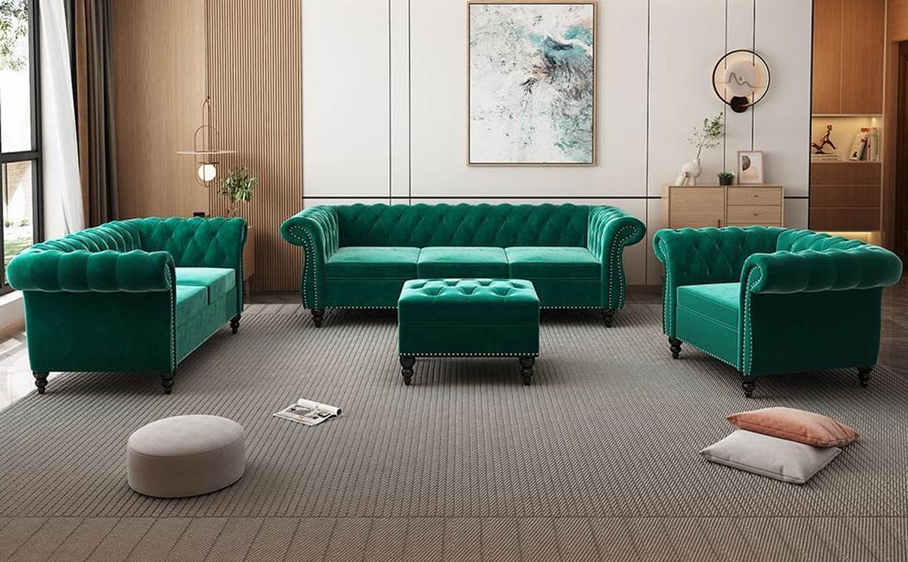 3-Piece Living Room Sectional Sofa Set, Green Velvet Couch Upholstered Sofa Modern Sofa Couches Set Style Button Tufted, Velvet Chesterfield Sofa for Living Room Apartment, 1+2+3 Seat Green - Loft&Timber
