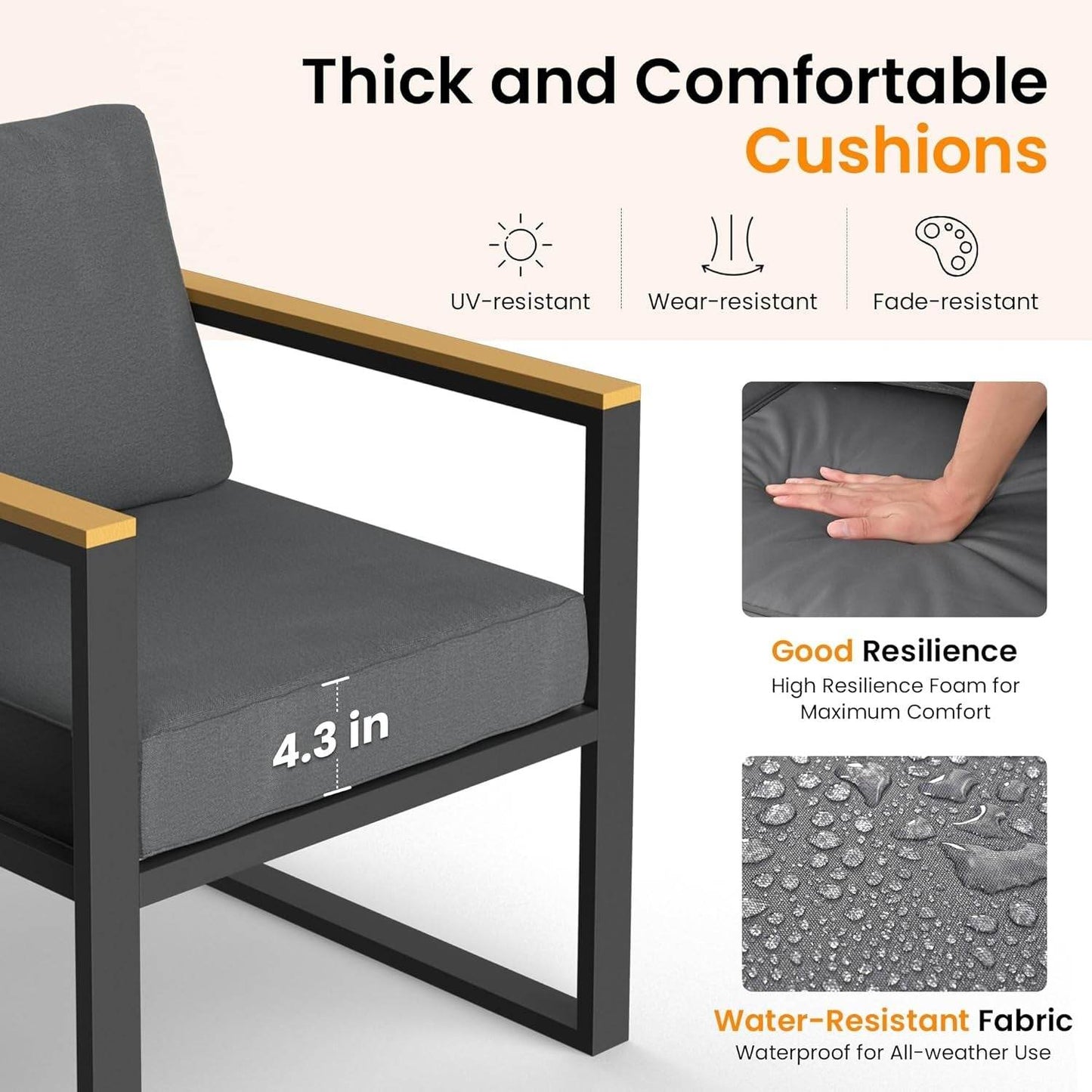4 Pieces Outdoor Patio Furniture Set, Modern Metal Balcony Furniture with Plastic-Wood Coffee Table, All-Weather Outdoor Furniture Set with Thick Cushion for Balcony, Porch, Gray - Loft&Timber