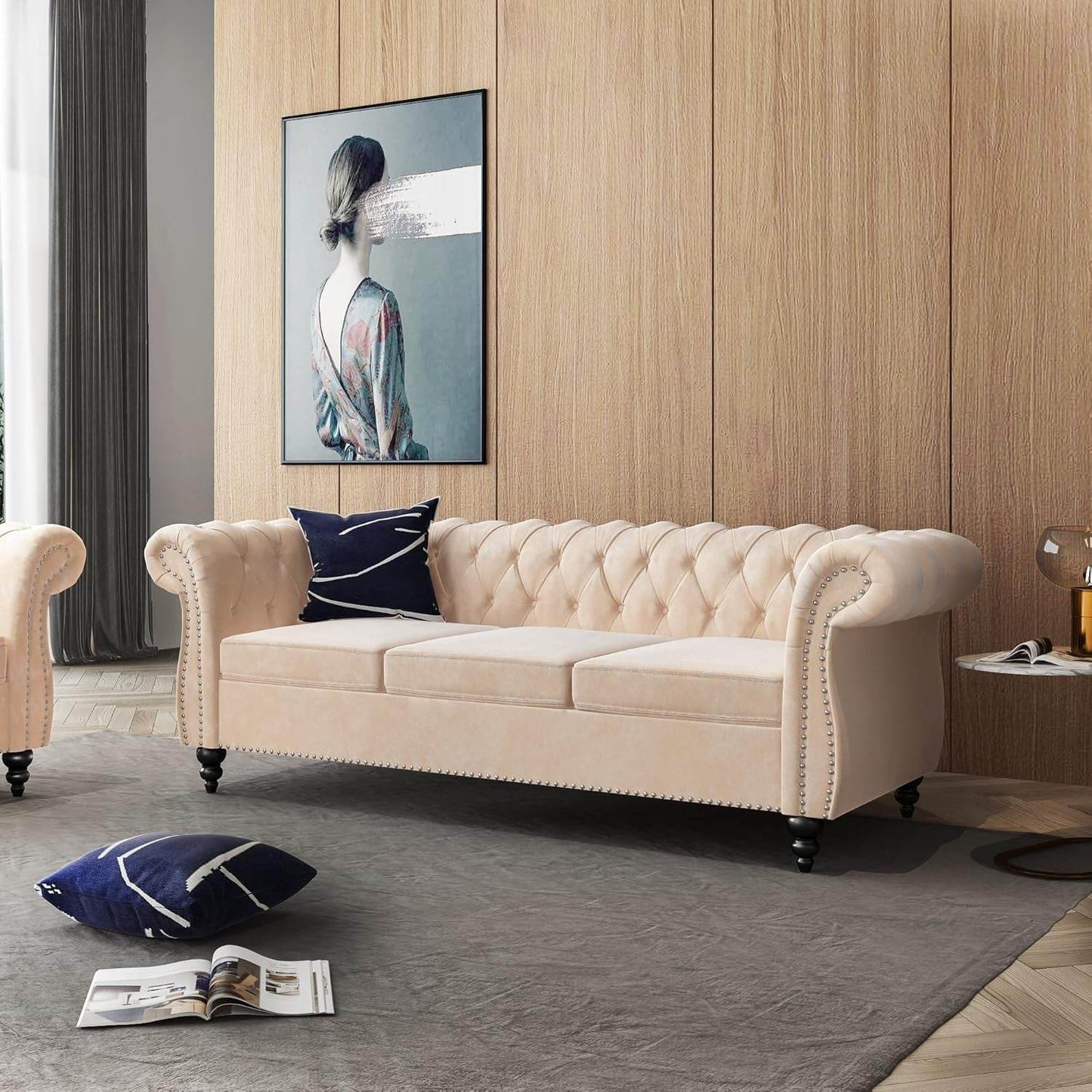 3-Piece Living Room Sectional Sofa Set, Upholstered Sofa Modern Sofa Couches Set Style Button Tufted, Velvet Chesterfield Sofa for Living Room Apartment, 1+2+3 Seat Beige - Loft&Timber