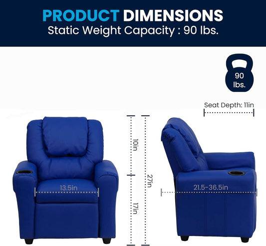 Vana Vinyl Kids Recliner with Cup Holder, Headrest, and Supports up to 90 Lbs., Blue - Loft&Timber