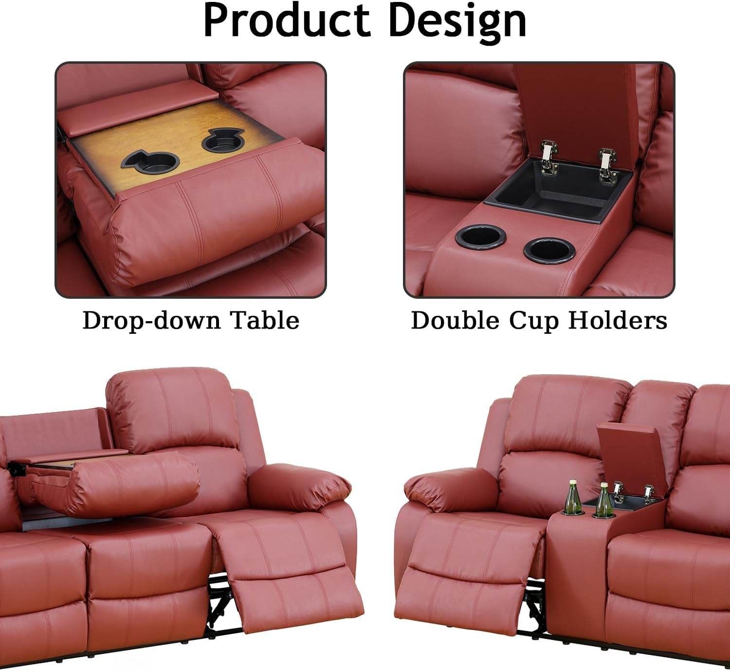 Leather Recliner Sofa Set, Red (Sofa Set 3 Pieces) - Loft&Timber