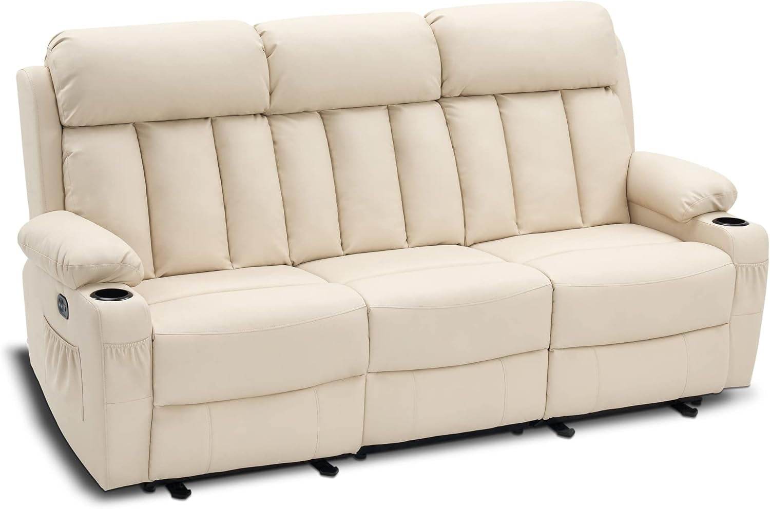 Power Reclining Sofa with Heat and Vibration,Usb Ports, Cup Holders,3-Seat Dual Recliner Sofa for Living Room 6077(Cream White, Reclining Sofa) - Loft&Timber