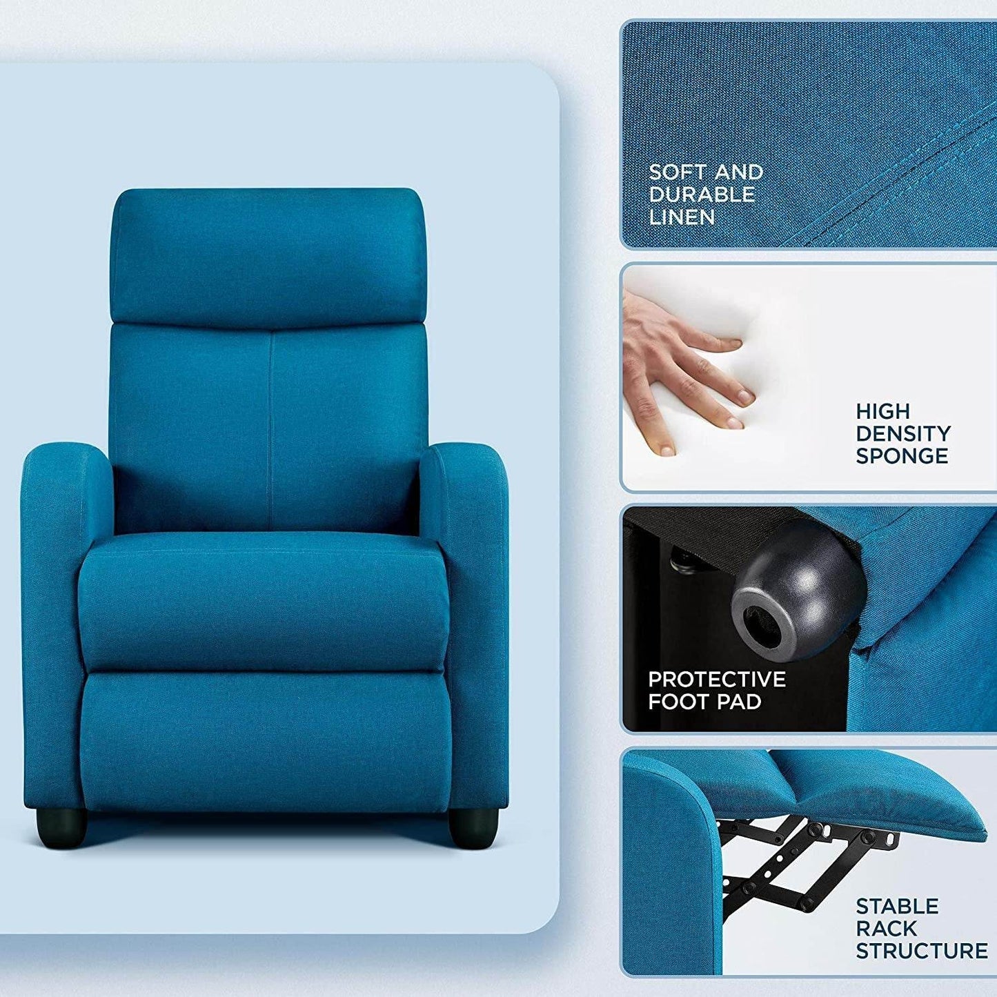 Fabric Pushback Recliner Chair, Blue - Loft&Timber