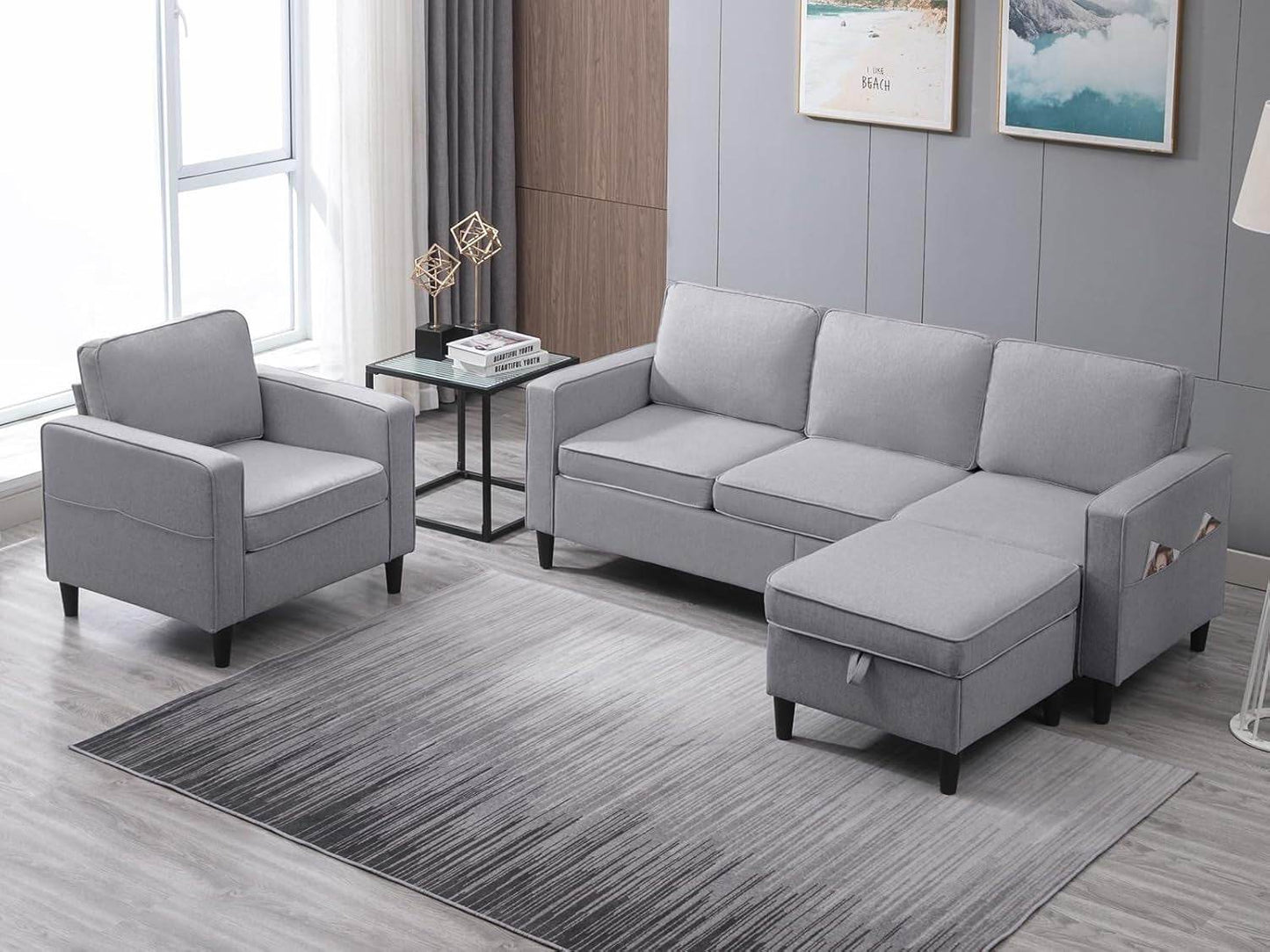 Convertible Sofa Set | Linen Upholstered Sectional Sofa with Storage Ottoman - Loft&Timber