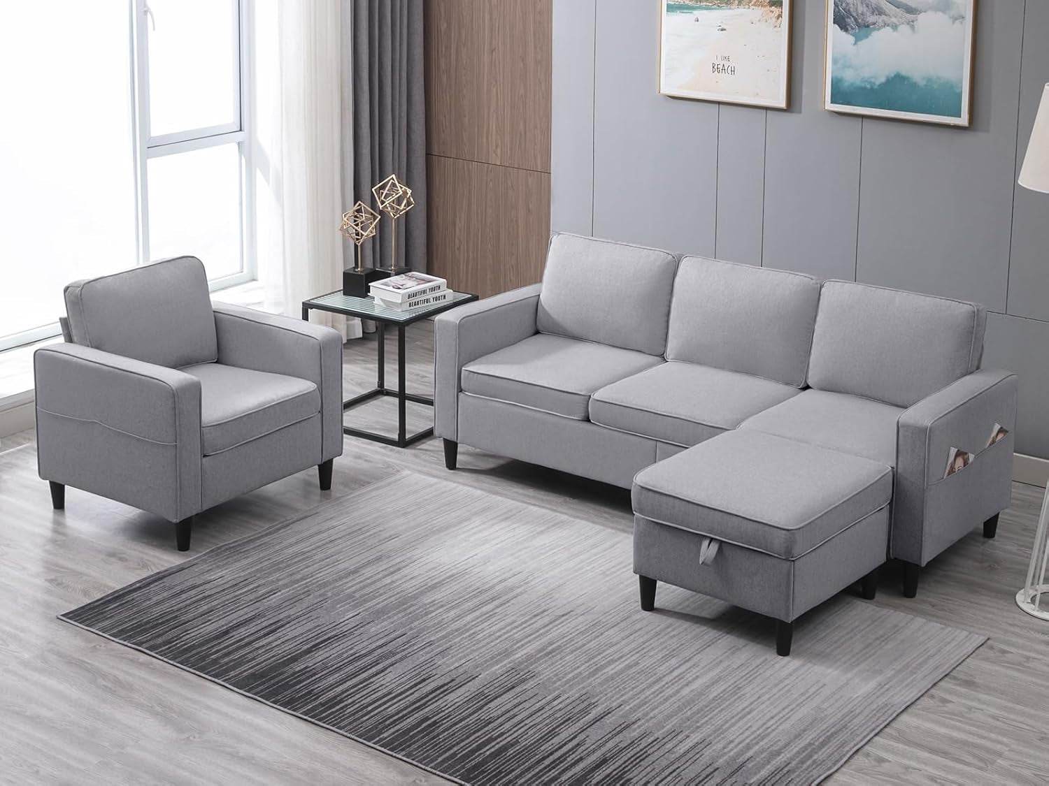 Convertible Sofa Set | Linen Upholstered Sectional Sofa with Storage Ottoman - Loft&Timber