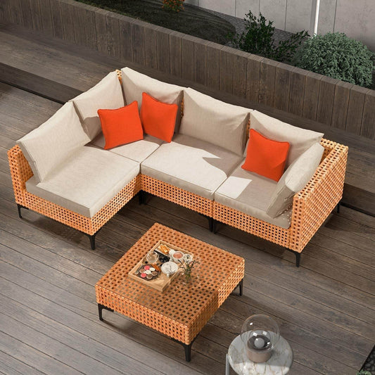 5 Piece Outdoor Patio Furniture Set Modular Outdoor Furniture Set Wicker Outdoor Sectional Sofa with Cushions Table Patio Set for Balcony Porch Deck Yard (Salmon&Orange Wicker, Sand Cushion) - Loft&Timber