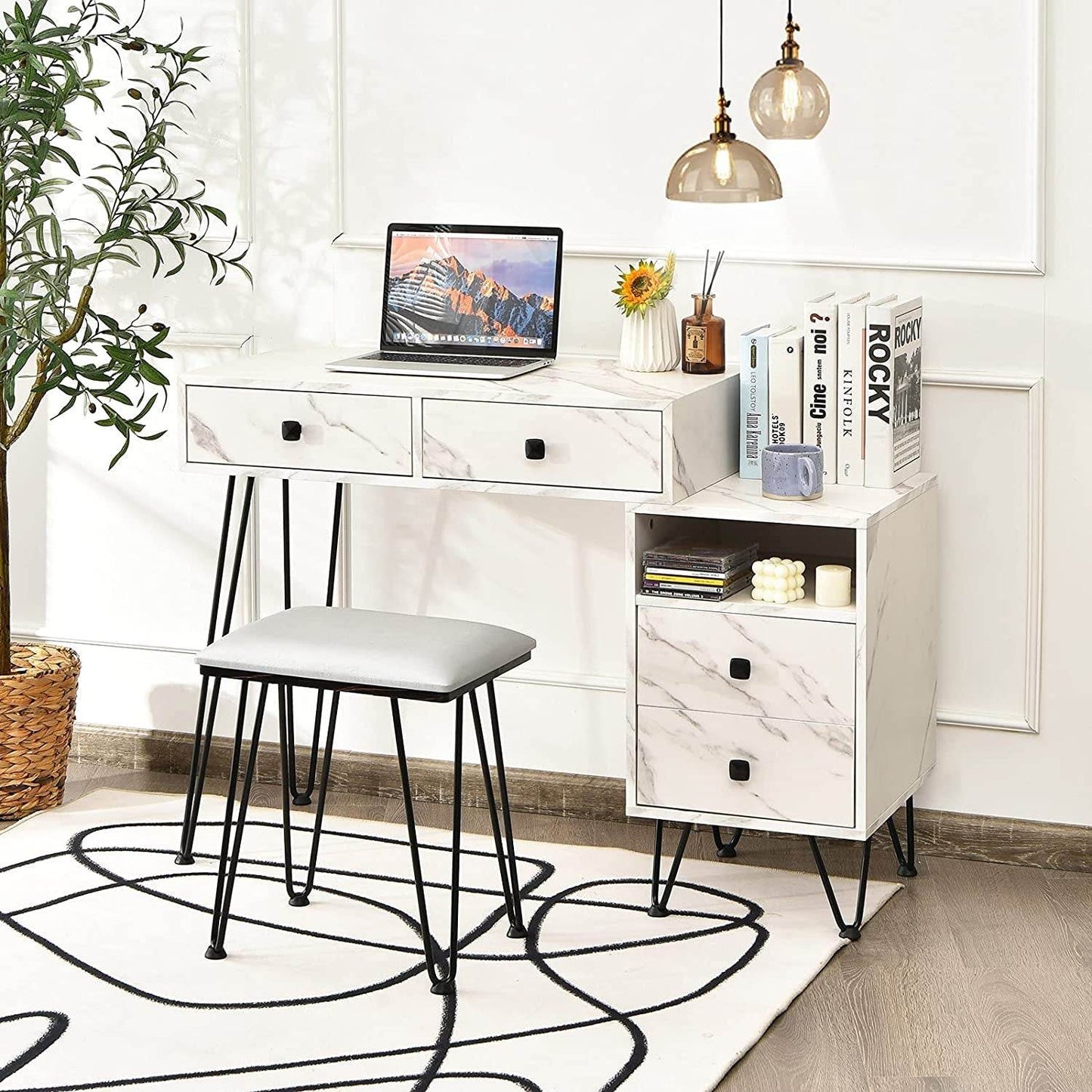 Vanity Set with Lighted Mirror, Left or Right Side Cabinet (Marble White) - Loft&Timber