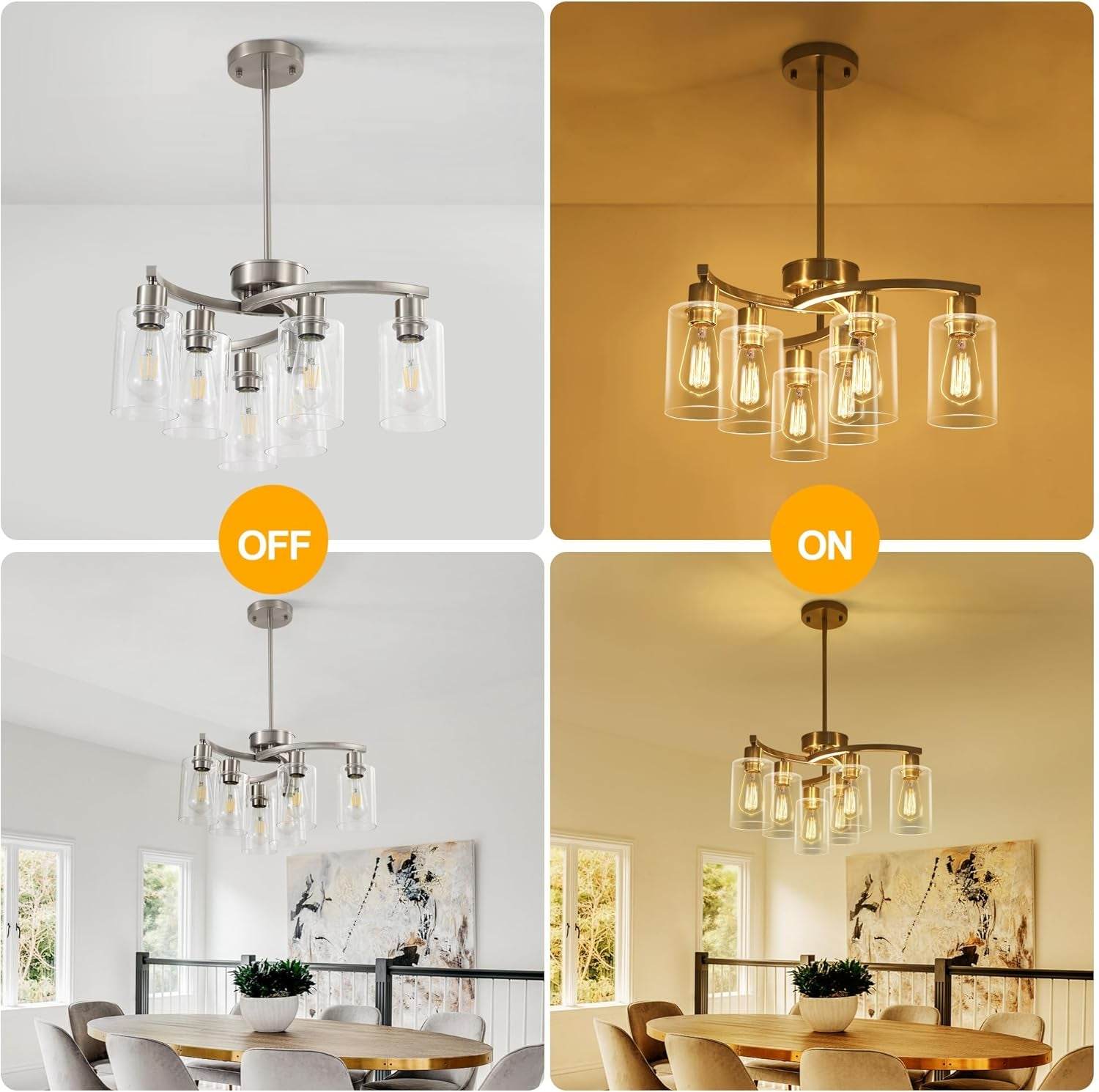 6-Light Brushed Nickel Industrial Glass Chandelier - Loft&Timber