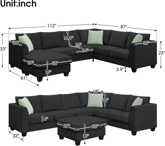 Large U Shaped Sectional Sofa with Removable Ottoman in Black - Loft&Timber