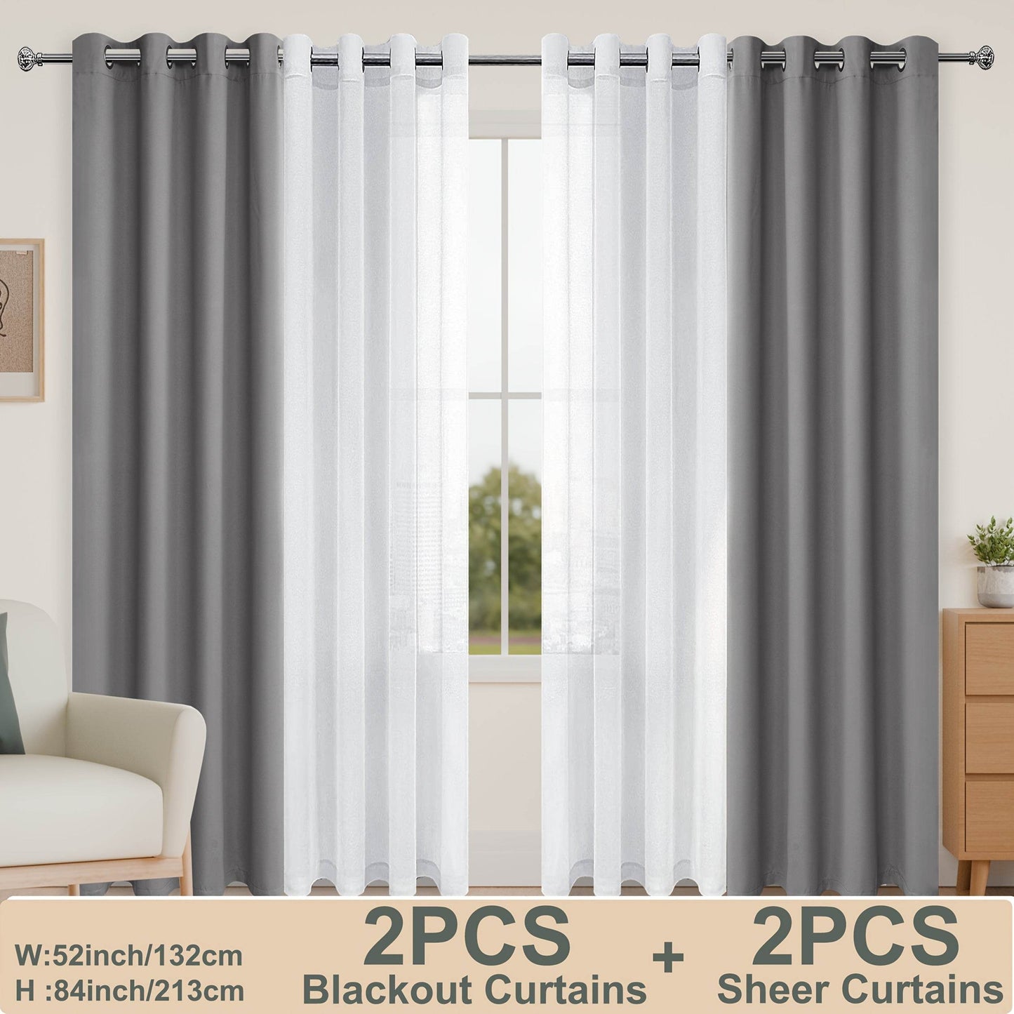4pcs/SET Curtains - 2pcs Blackout Curtains with Tiebacks And 2pcs Sheer Curtains - Loft&Timber