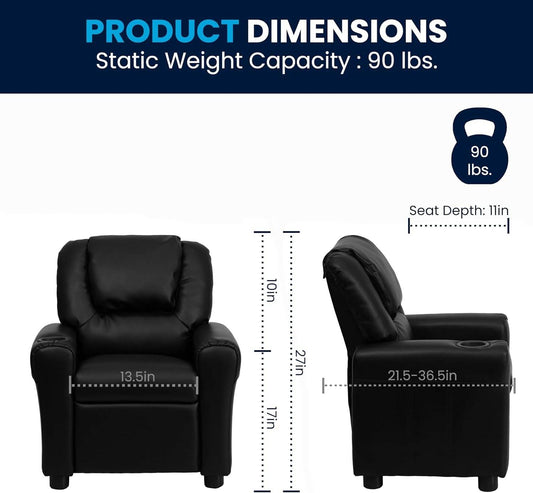 Vana Leathersoft Kids Recliner with Cup Holder, Headrest, and Supports up to 90 Lbs., Black - Loft&Timber