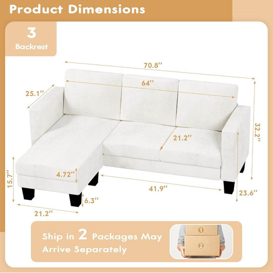 Convertible Sectional Sofa Couch, 3 Seat L-Shaped Sofa with Ottoman(Corduroy, Cream) - Loft&Timber