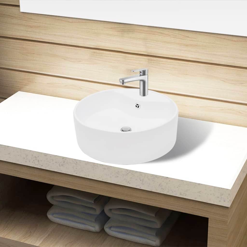 vidaXL Ceramic Bathroom Sink Basin Faucet/Overflow Hole White Round - Loft&Timber