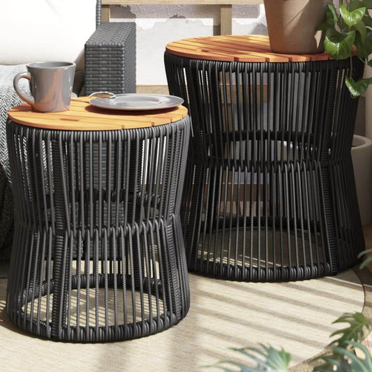 vidaXL Patio Side Tables 2 pcs with Wooden Top Black Poly Rattan - Loft&Timber