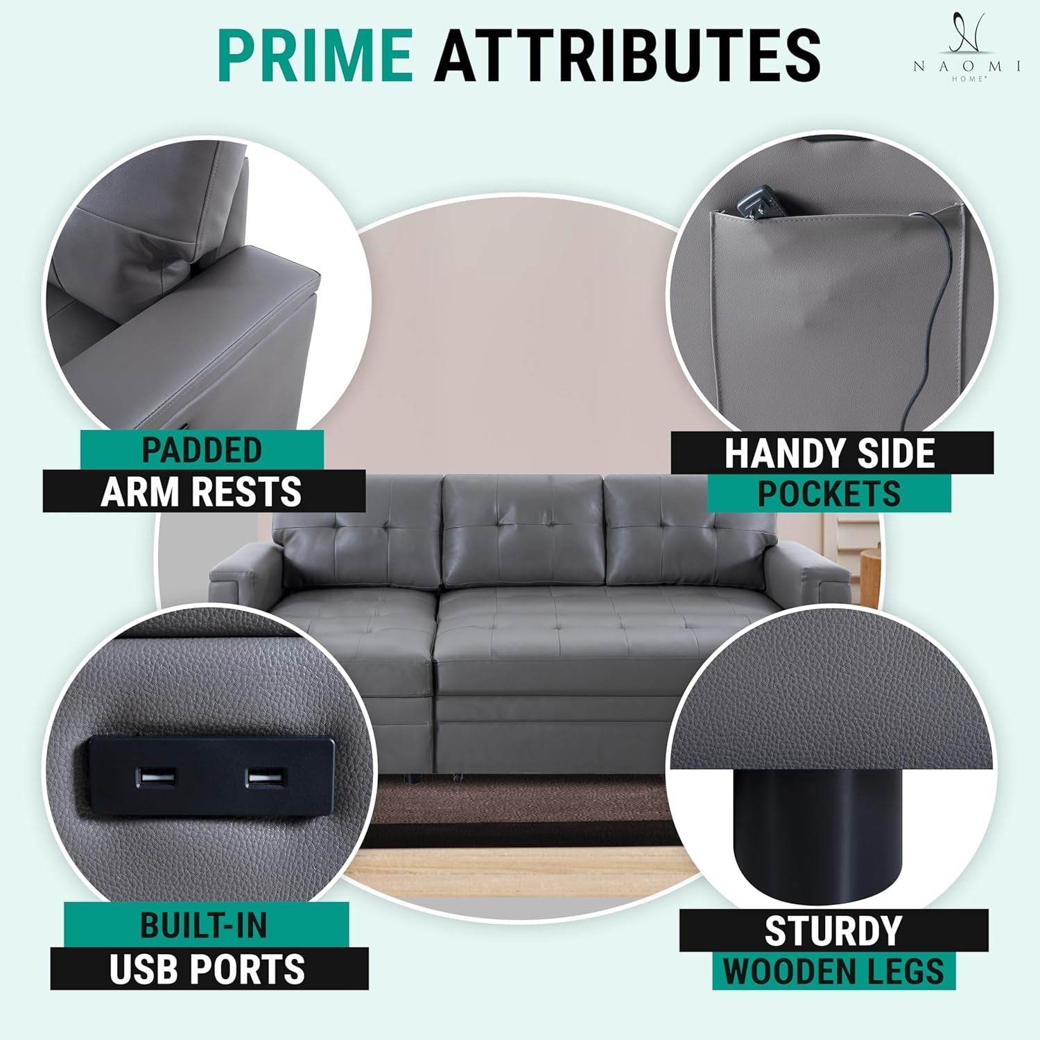 L-Shaped Sectional Sleeper Sofa with USB Ports - Convertible Pull-Out Bed, Ample Storage, Timeless Design, Durable Construction, Gray/Air Leather - Loft&Timber