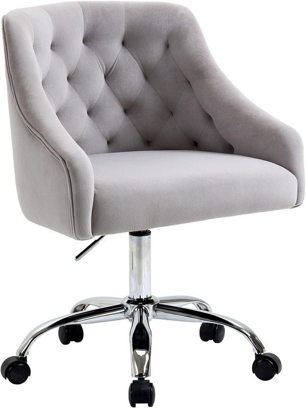 Velvet Office Swivel Chair, Vanity Chair, Fabric Desk Chair, Pretty Fancy Chair, Gold Office Chair for Girls, 360°Swivel Height Adjustable Reception Chair (Grey)-0
