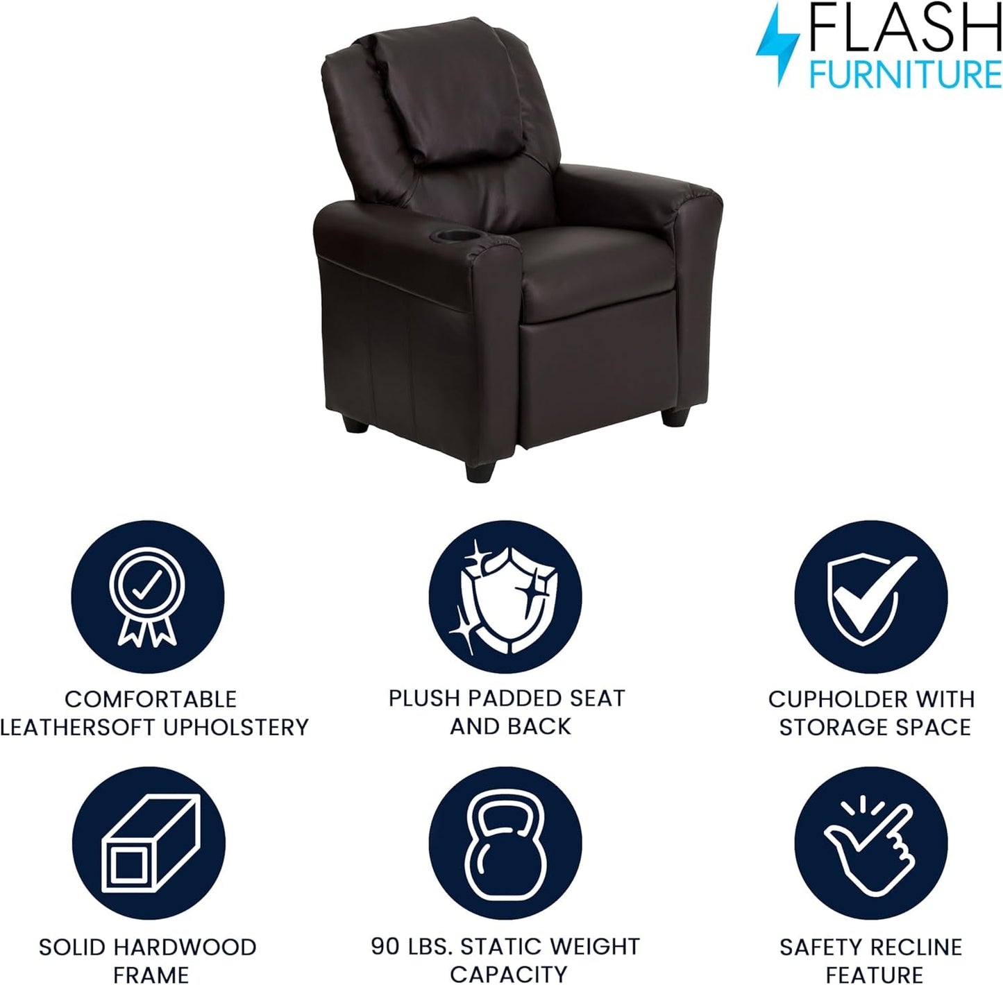 Vana Leathersoft Kids Recliner with Cup Holder, Headrest, and Safety Recline, Contemporary Reclining Chair for Kids, Supports up to 90 Lbs., Brown-3