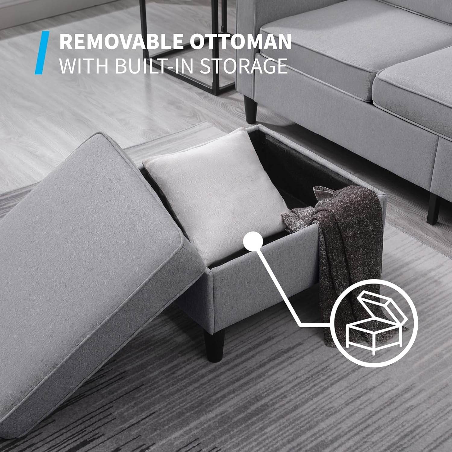 Convertible Sofa Set | Linen Upholstered Sectional Sofa with Storage Ottoman - Loft&Timber